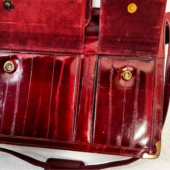Vintage Eel Skin Leather Burgundy Briefcase 17x11 Ox Blood Red Shiny Academia - Picture 8 of 16